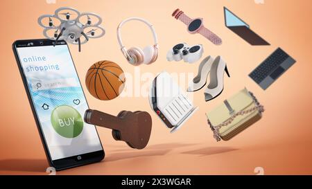 Smartphone with online shopping interface and objects floating in the air. 3D illustration. Stock Photo