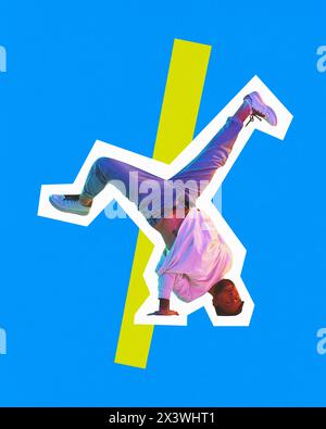 Poster. Contemporary art collage. Young man, modern dancer, dances breakdance against vibrant blue background. Trendy magazine style. Stock Photo