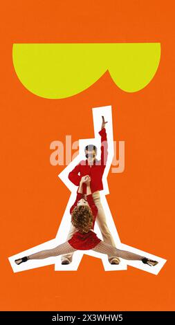 Poster. Contemporary art collage. Young, energetic man and woman dressed in bright costumes dances disco. Trendy magazine style. Stock Photo