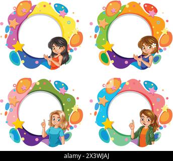 Four vibrant frames featuring cheerful children Stock Vector