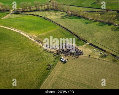 Aerial view of the Aplec de Talló festival at Easter Monday, in the Talló fountain (Cerdanya, Lleida, Catalonia, Spain) Stock Photo