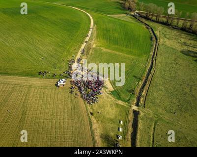 Aerial view of the Aplec de Talló festival at Easter Monday, in the Talló fountain (Cerdanya, Lleida, Catalonia, Spain) Stock Photo