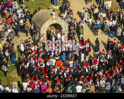 Aerial view of the Aplec de Talló festival at Easter Monday, in the Talló fountain (Cerdanya, Lleida, Catalonia, Spain) Stock Photo