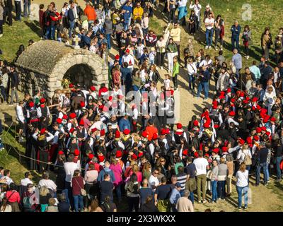 Aerial view of the Aplec de Talló festival at Easter Monday, in the Talló fountain (Cerdanya, Lleida, Catalonia, Spain) Stock Photo