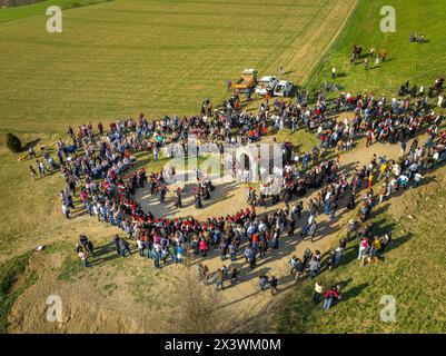 Aerial view of the Aplec de Talló festival at Easter Monday, in the Talló fountain (Cerdanya, Lleida, Catalonia, Spain) Stock Photo