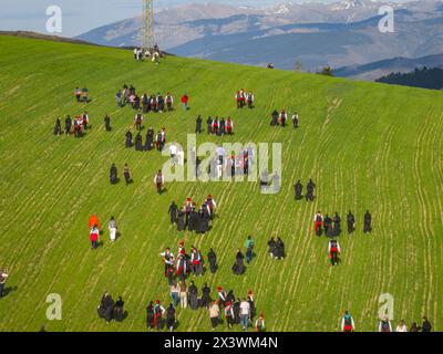 Aerial view of the Aplec de Talló festival at Easter Monday, in the Talló fountain (Cerdanya, Lleida, Catalonia, Spain) Stock Photo