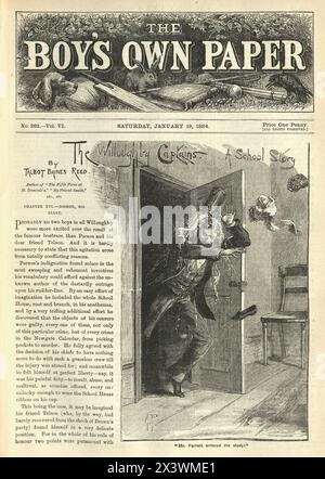 Vintage illustration Prank, Bucket of water falling on mans head as he walks through door, Victorian, 1880s, 19th Century Stock Photo