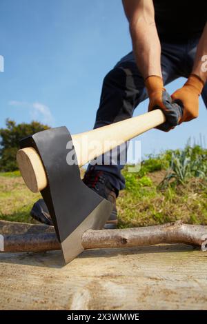 Farmer chopping wood with an ax, Axe, Agricultural and gardening hand tool, Usurbil, Gipuzkoa, Basque Country, Spain Stock Photo