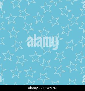 Seamless background of doodle stars. Blue hand drawn stars on blue background. Vector illustration Stock Vector