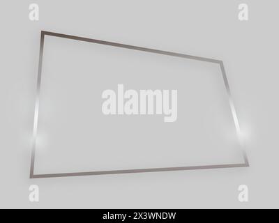 Shiny frame with glowing effects. Silver quadrangular frame with shadow on grey background. Vector illustration Stock Vector