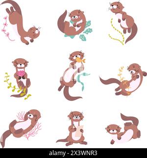 Cartoon otter. Funny otters in different poses, eating, playing and swimming. Water animal, river or lake characters. Childish mascot nowaday vector Stock Vector
