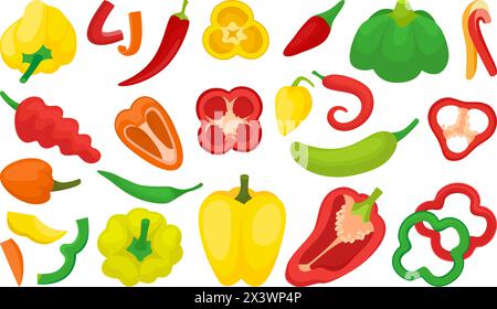 Cartoon peppers and paprika. Red green yellow pepper for cooking, half and slices. Fresh farm agriculture ingredients, isolated neoteric vector Stock Vector