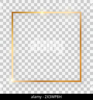 Gold shiny square frame with glowing effects and shadows on transparent background. Vector illustration Stock Vector