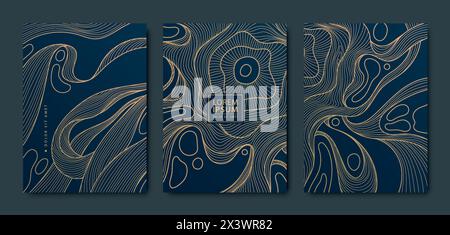 Vector set of abstract organic design background, line gold art pattern, wavy marble shape. Flow curve illustration, liquid element. Flyer, poster Stock Vector