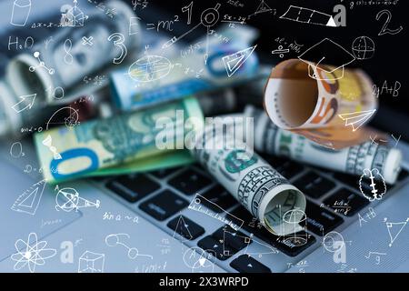 Abstract virtual chemistry illustration on money background, science and research concept. Multiexposure Stock Photo