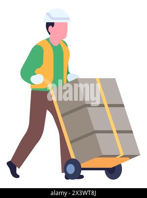Cargo logistics. Warehouse worker moving boxes on trolley. Containers shipping. Man pushing cart with parcels in storehouse. Industrial freight Stock Vector