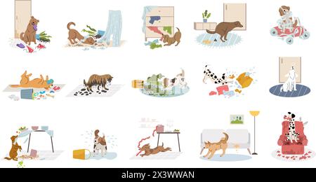 Pets making mess. Domestic dogs destroying home in interior room recent vector dogs bad bullying behavior Stock Vector