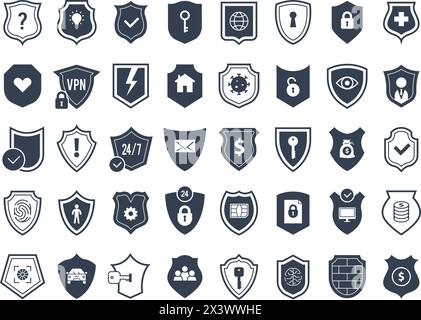 Security symbols. Keys with shield icons for protection systems recent vector security stylized logos Stock Vector