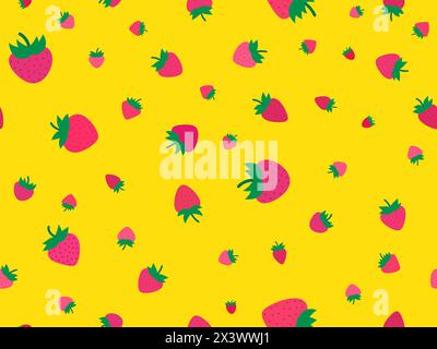 Seamless pattern with red strawberry on yellow background. Drawing of strawberries in a minimalist style. Strawberry design for wallpaper, wrapping pa Stock Vector