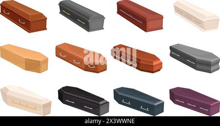 Coffins set. Tomb cases for dead recent vector burial boxes in cartoon style Stock Vector