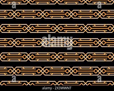 Geometric seamless pattern in line art style. Art deco geometric pattern of golden lines on a black background. Vintage linear style. Design for wallp Stock Vector