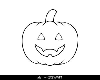 Black outline of smiling Halloween pumpkin. Illustration. Friendly Jack-o-lantern. Isolated on white background. Concept of Halloween, festive decor, autumn celebration, October tradition. Icon. Stock Vector