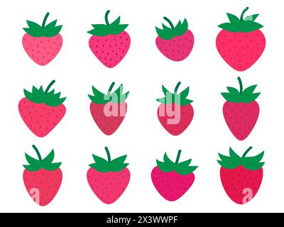 Set of strawberry icons in a minimalistic style isolated on a white background. Strawberry collection with different shades of red. Strawberry drawing Stock Vector