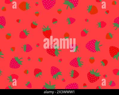Seamless pattern with red strawberry on red background. Drawing of strawberries in a minimalist style. Strawberry design for wallpaper, wrapping paper Stock Vector