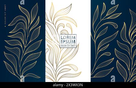 Vector set of gold leaves design tags, luxury plant labels, abstract floral textures. Nature cards, tropical illustrations, perfume, wine, jewelry Stock Vector