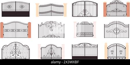 Ornamental fence gates. Metal decorative gate with vintage ornate decor. Architecture elements for yard and garden. Design racy vector set Stock Vector