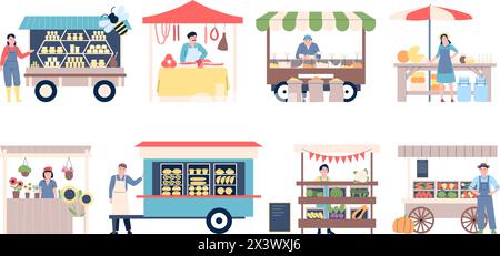 Farm market stall. Vendors with agriculture products, flowers, vegetables and fruits. Merchant of fresh meat and bakery, harvest recent vector set Stock Vector