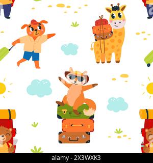 Cartoon animals with bags. Animal seamless pattern, travelling and adventures. Childish mascots, cute fabric wrapping print classy vector design Stock Vector