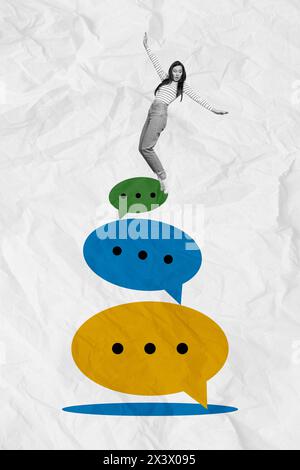 Composite trend sketch photo collage of young lady balance on huge text box mind talk cloud conversation connect chat sms get message Stock Photo