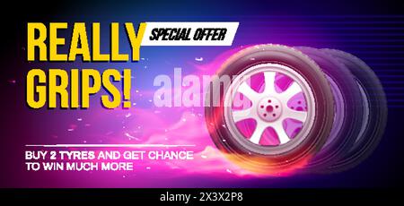 Realistic tires banner. Commercial tyres sale advertising poster, car wheel tire closeup promo billboard for automotive detail store or service garage, nowaday vector illustration Stock Vector