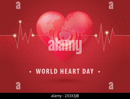World heart day illustration concept. World Planet Earth With Heart Shape, Red Heart Shaped World, Abstract heartbeat Background, Heart wave Sign, Hug Stock Vector
