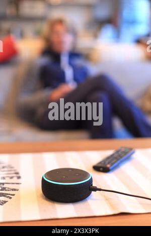 Connected speaker. Alexa, an intelligent personal assistant developed by Amazon's Lab126 Stock Photo