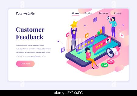 Isometric landing page design concept of Customer reviews concept, People near big smartphone giving feedback. Customers evaluating a product or servi Stock Vector