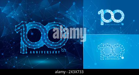 Set of 100th Anniversary logotype design, Hundred years Celebrating Anniversary Logo for celebration event. Network Connecting Dot Polygon Geometric, Stock Vector