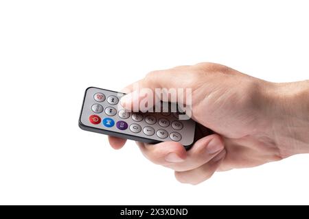 Man hand holding a remote control isolated white background Stock Photo