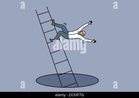 Loser man falls from career ladder into abyss, risking injury due to careless actions. Accident with guy who fell down career ladder after start of labor market crisis and wave of layoffs Stock Vector