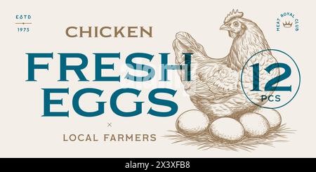 Chicken, hen with nest, eggs tag label Stock Vector