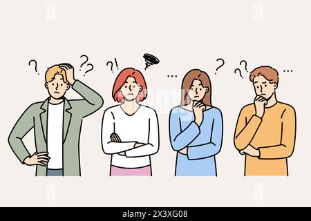 Confused people have learned unpleasant news are thinking about how to resolve issue. Confused guys and girls scratch chins or back of heads after receiving information about tax increases Stock Vector