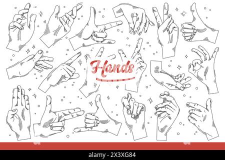 Gesturing hands of person giving non-verbal signal interlocutor. Hands using fingers and palms for demonstrate various gestures to communicate without words or to attract attention. Hand drawn doodle Stock Vector