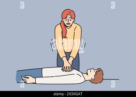 Woman nervous, giving heart massage to man fainted, pressing on chest muscles. Training in first aid and rescue of person with sudden heart failure or impaired cardio functions of body Stock Vector