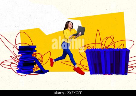 Creative picture collage young smiling girl laptop computer elibrary bookstore ecommerce online store promo drawing doodles Stock Photo
