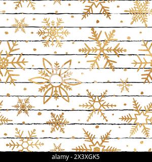Snowflake seamless pattern. Repeated gold snowflakes on white background for design winter prints. Repeating sparkle foil. Cute golden sparkling snow Stock Vector