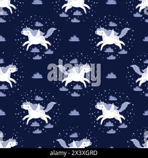 Vector seamless pattern of magical unicorns in the sky among fluffy clouds. Hand drawn illustration of unicorns and clouds on a starry sky night Stock Vector