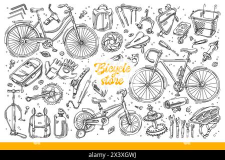 Bicycle spare parts and equipment for cycling in park, for advertising store for cyclists. Background with ready bikes or tools for repairing and restoring broken bike. Hand drawn doodle Stock Vector