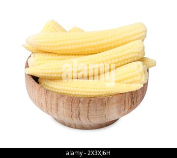 Tasty fresh yellow baby corn in bowl isolated on white Stock Photo