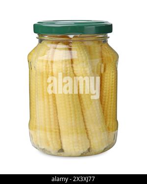 Tasty fresh yellow baby corns in glass jar isolated on white Stock Photo